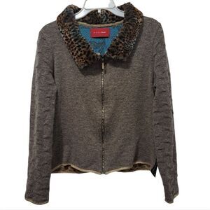 Vintage Eva & Claudi Y2K Floral Wool Blend Faux Fur Leopard Collar Cardigan Larg